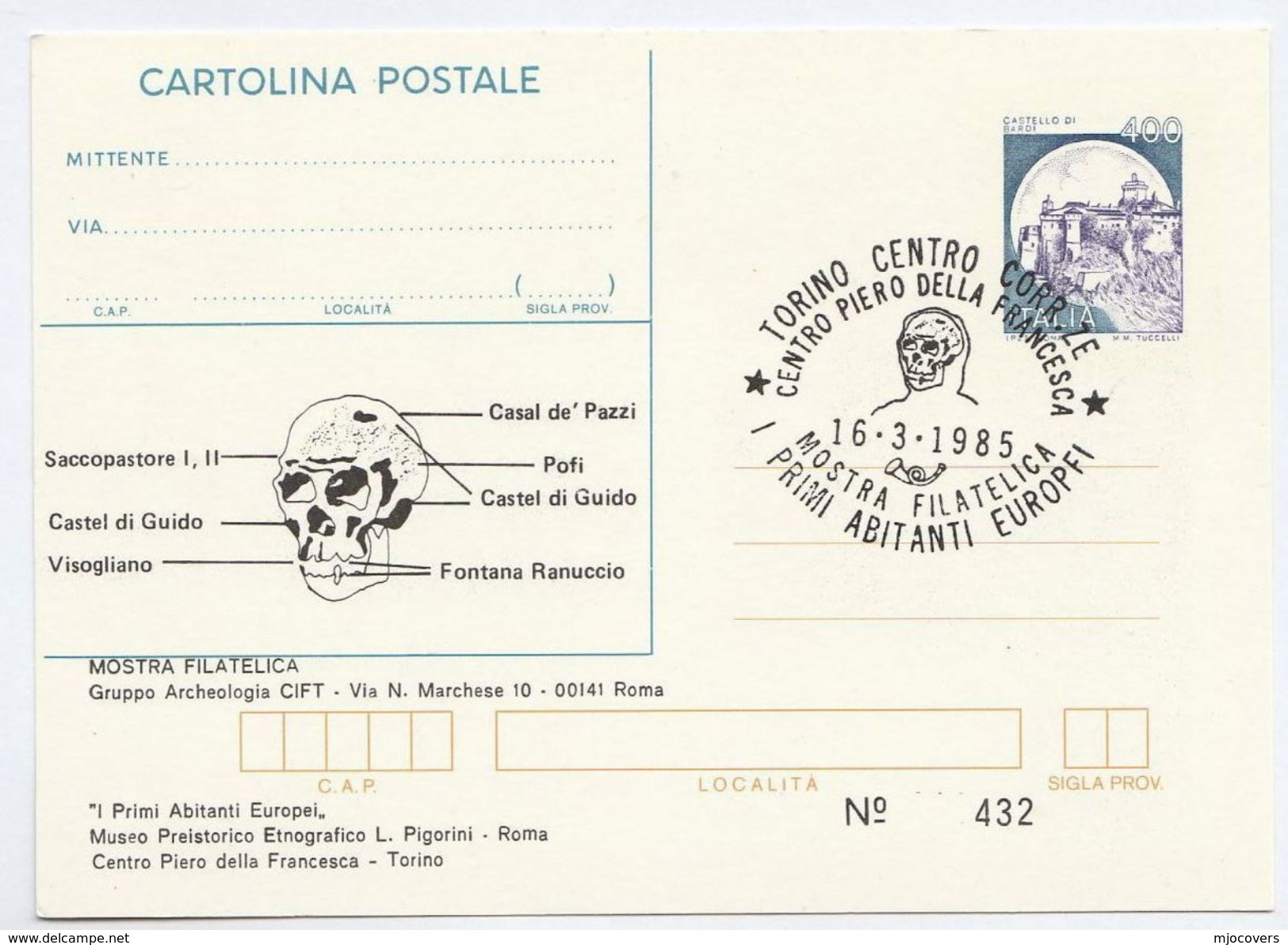 1985 TORINO Archaeology PREHISTORIC SKULL, ANATOMY Of 1ST INHABITANTS EUROPE Postal STATIONERY CARD Cover Italy Stamps - Archaeology