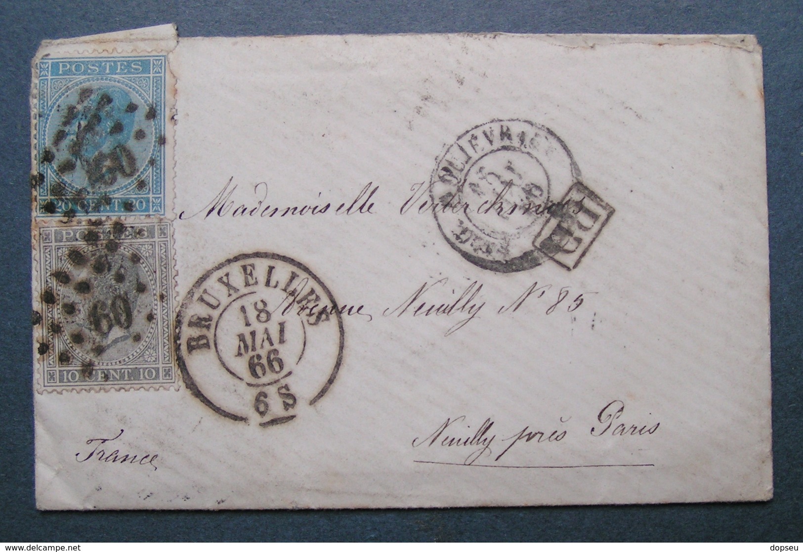 BELGIQUE  Timbre Sur LETTRE ENVELOPPE BRUXELLES Pour Neuilly PARIS 1866 Avec La Correspondance - Autres & Non Classés