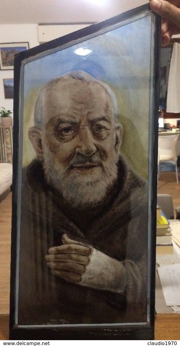 Quadro Di Padre Pio In Vetro Camera Dell’artista Franco Travi Di Bergamo - Autres & Non Classés