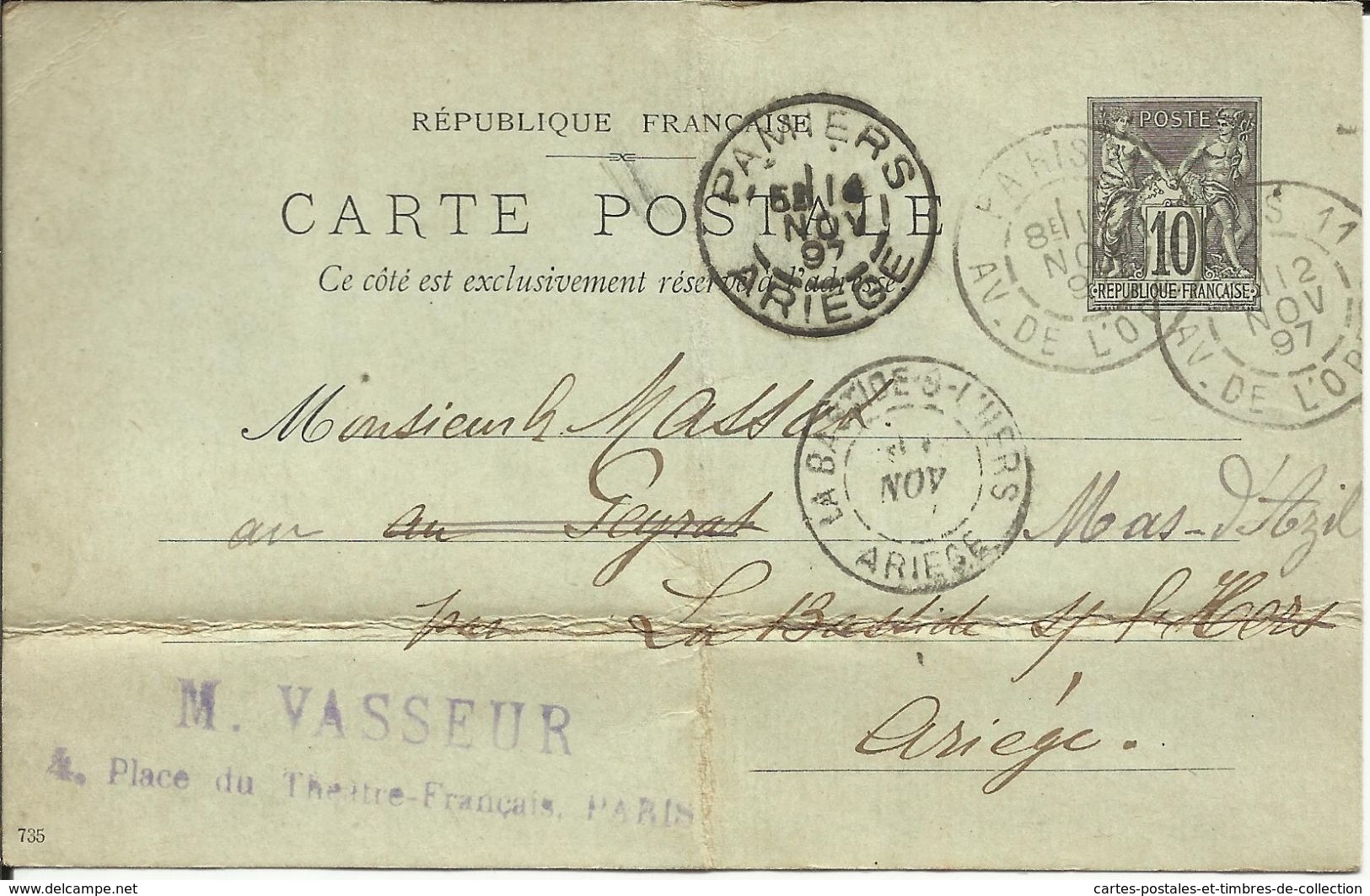 Entier Postal , 10 C , Type Sage , 1897, N°YT 89 - CP5, Cachets De PARIS Av. De L'Opéra , LA BASTIDE S/ L'HERS & PAMIERS - Precursor Cards