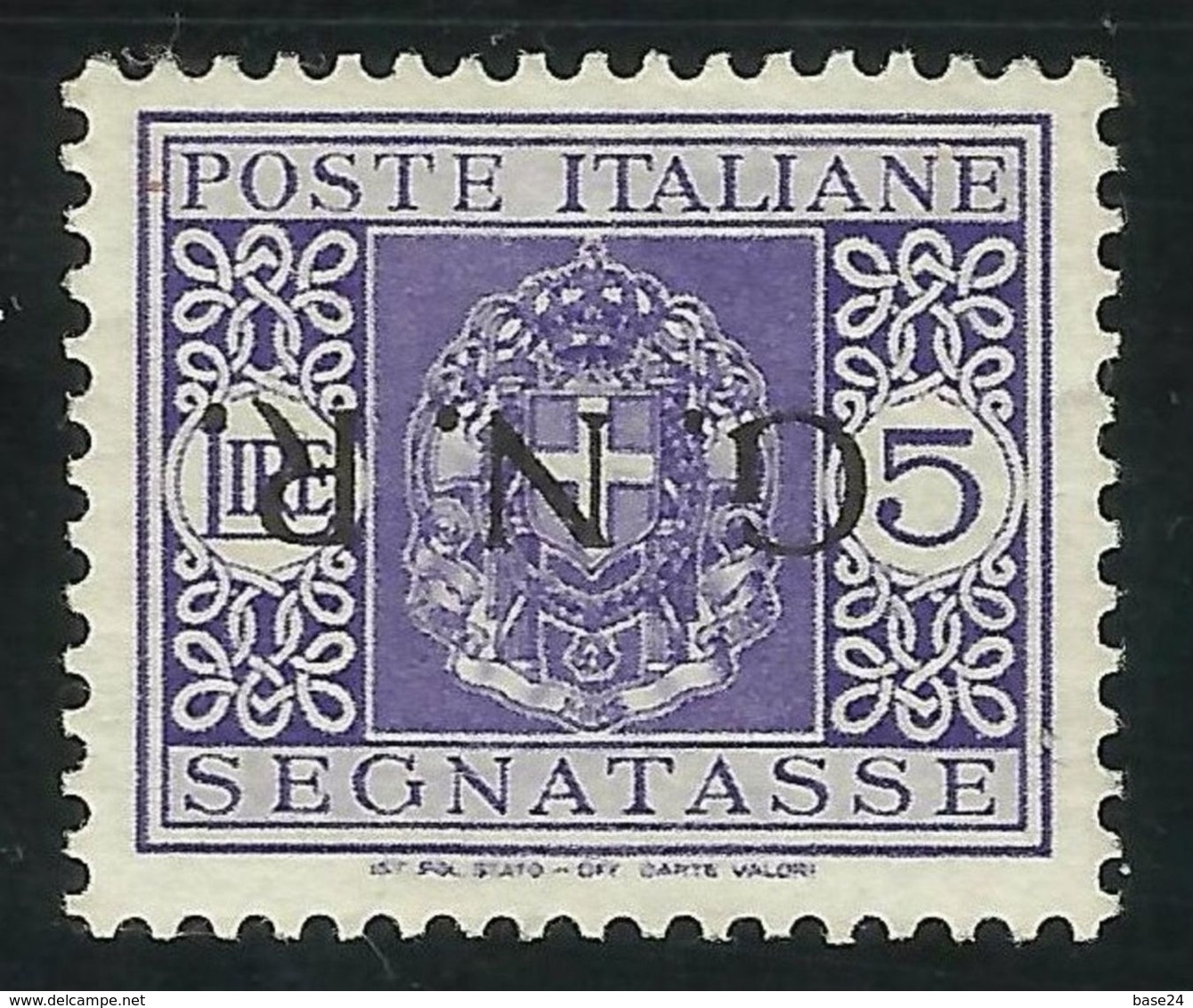 1944 Italia R.S.I. Italy RSI SEGNATASSE GNR 5 Lire Violetto Varietà 'soprastampa Capovolta' (57a) MNH** Non Garantito - Postage Due