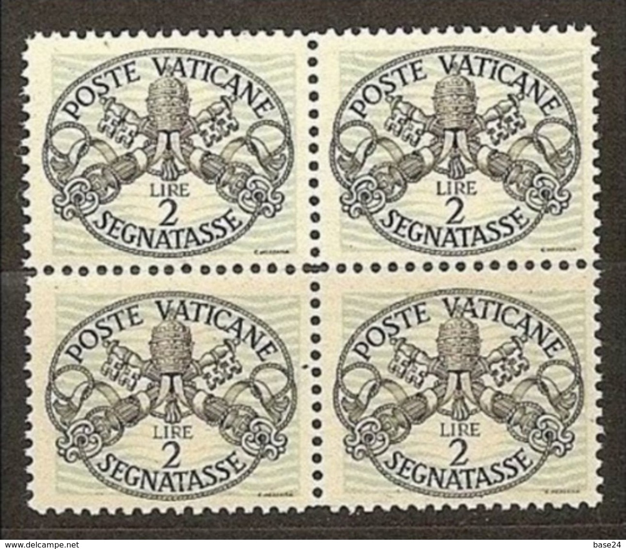 1946 Vaticano Vatican SEGNATASSE  POSTAGE DUE 2 Lire Righe Larghe Carta Bianca Quartina MNH** Bl.4 - Strafport