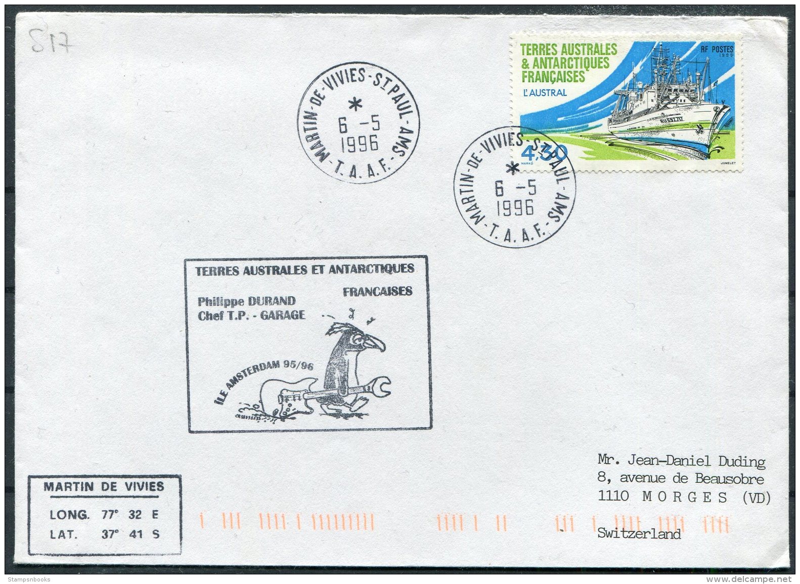 1996 T.A.A.F. French Antarctic Antarctica Polar, Martin De Vivies, St Paul AMS Cover. Penguin - Covers & Documents