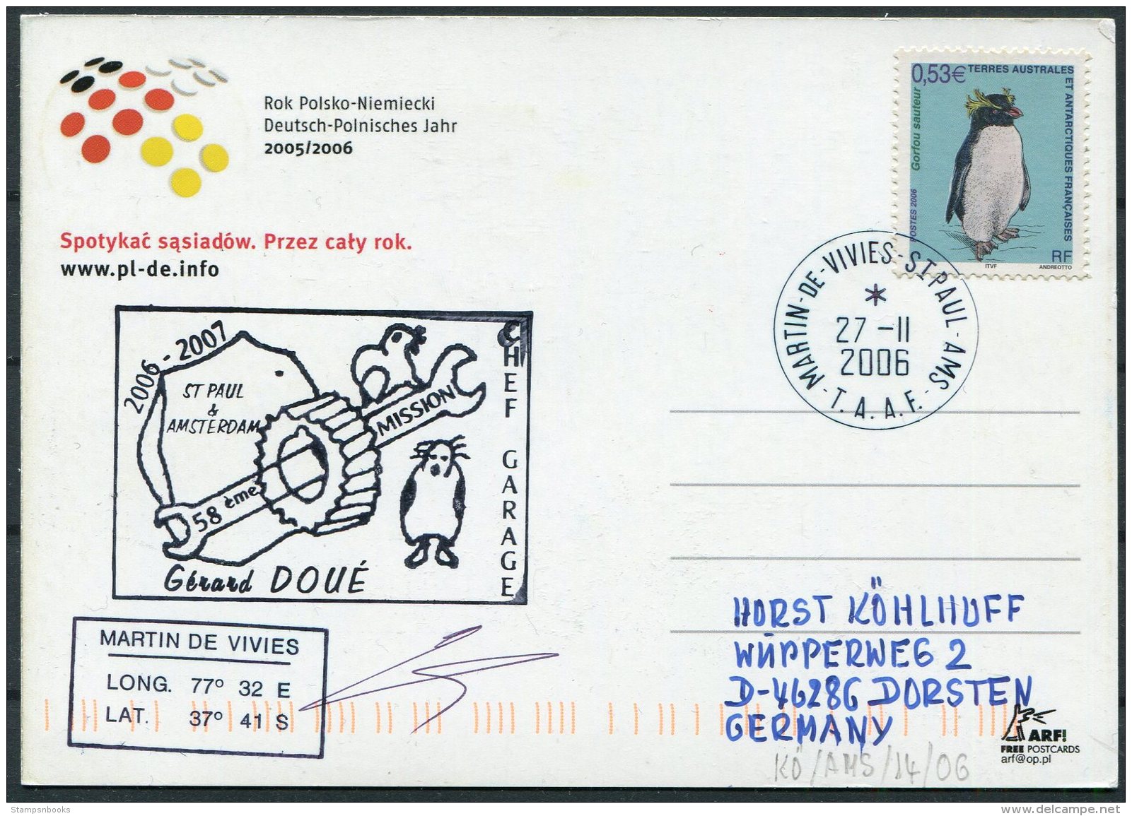 2006 T.A.A.F. French Antarctic Antarctica Polar, Martin De Vivies, St Paul AMS Postcard Penguin - Covers & Documents