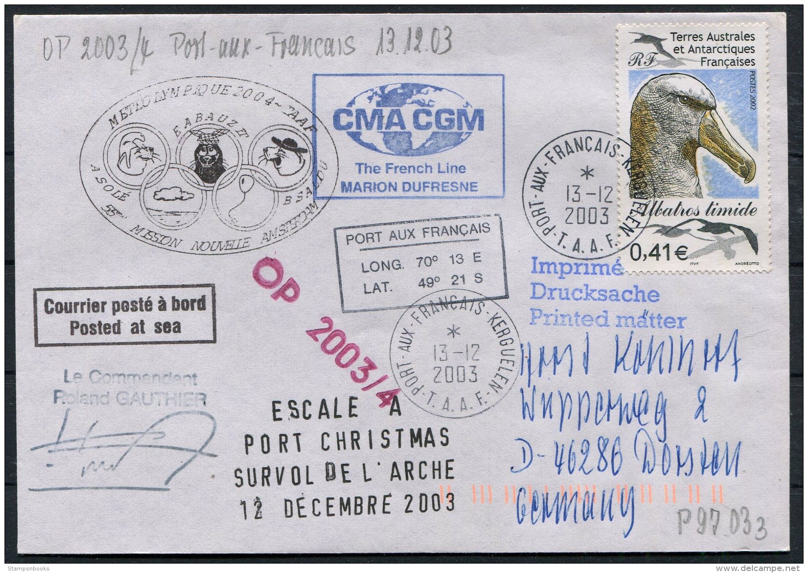 2003 T.A.A.F. French Antarctic Polar, Port Aix Francais Kerguelen Cover. Penguin Seal Walrus, Port Christmas, Helicopter - Covers & Documents