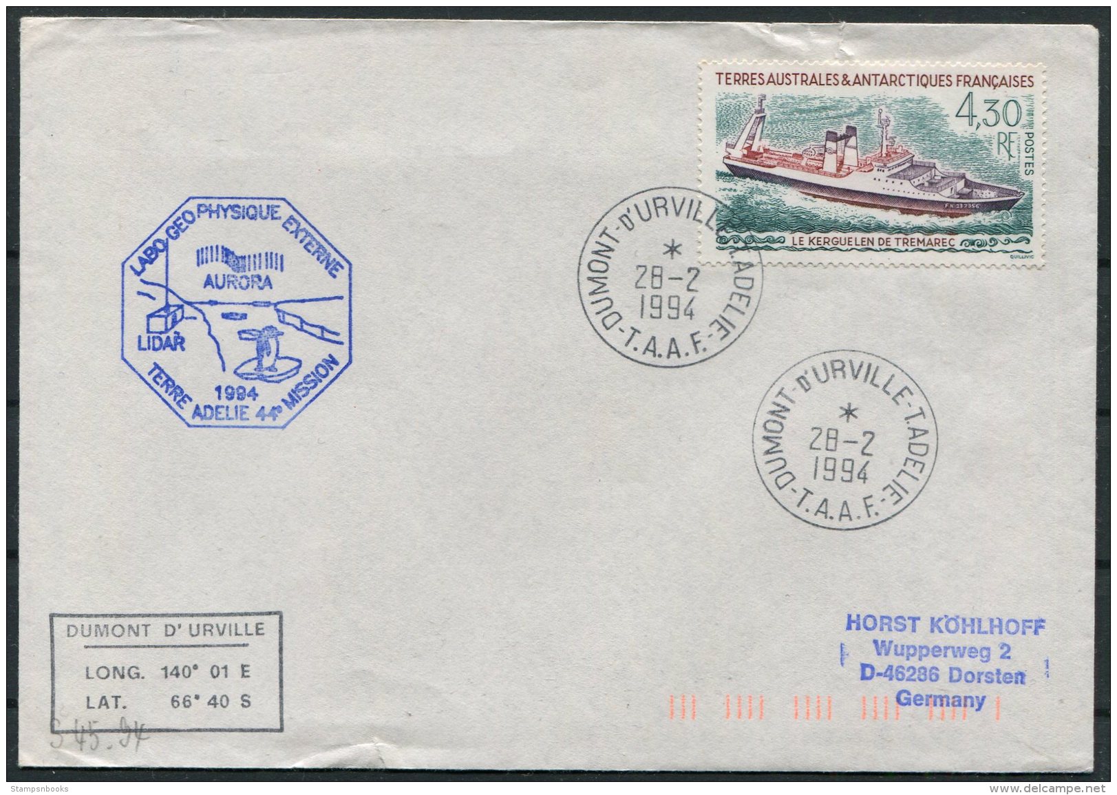 1994 T.A.A.F. French Antarctic Polar Dumont D'Urville Terre Adelie Cover. Penguin Ship Aurora - Covers & Documents