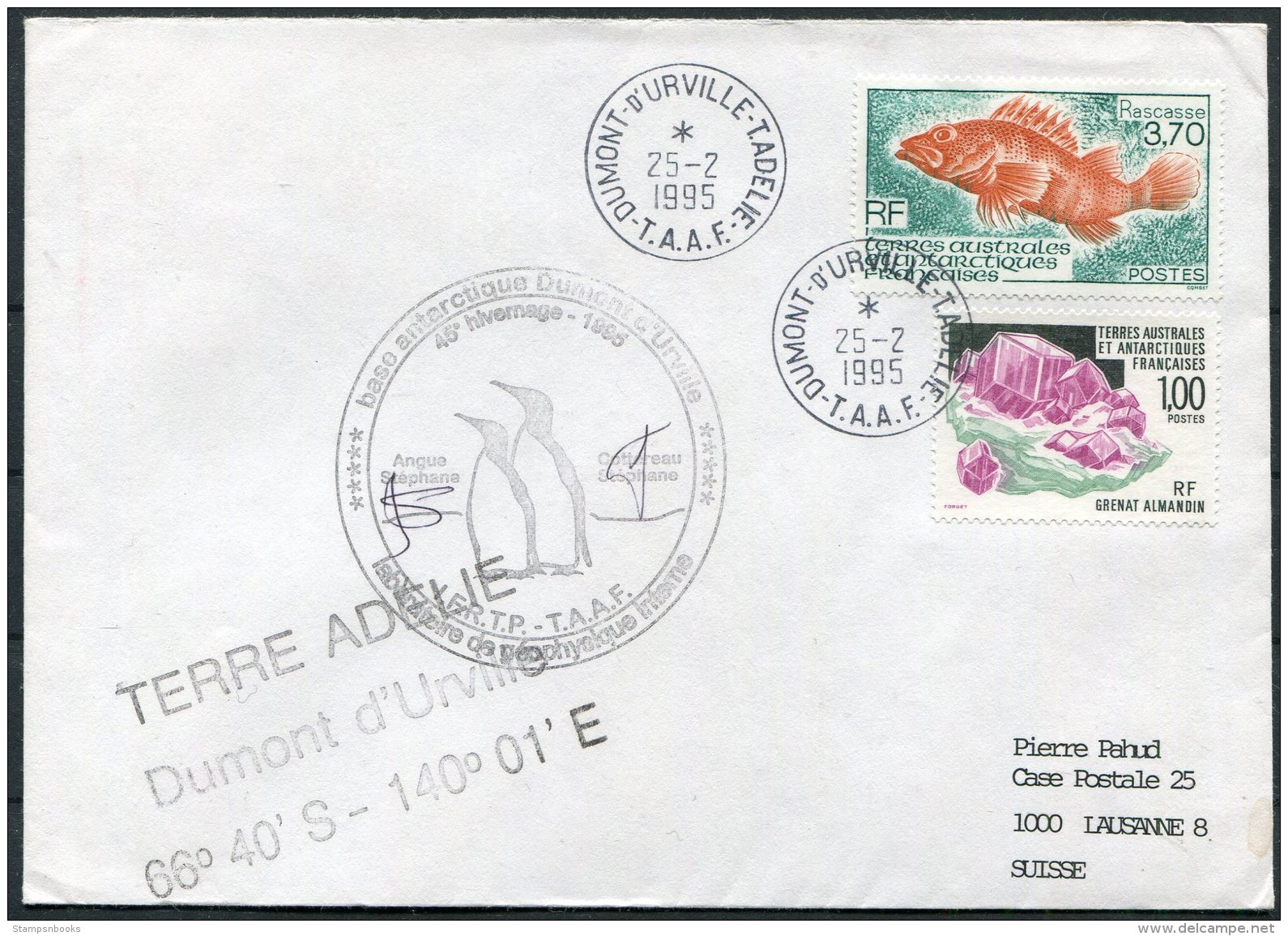 1995 T.A.A.F. French Antarctic Polar Dumont D'Urville Terre Adelie Cover. Penguin - Covers & Documents