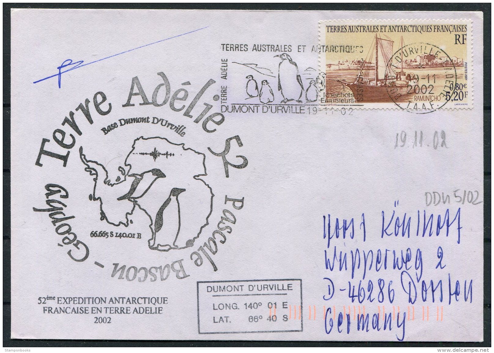 2002 T.A.A.F. French Antarctic Polar Dumont D'Urville Terre Adelie Cover. Penguin Expedition SIGNED - Covers & Documents