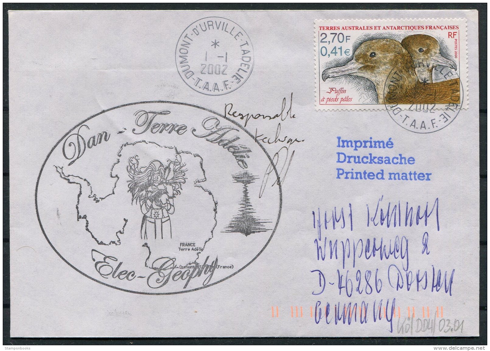 2002 T.A.A.F. French Antarctic Polar Dumont D'Urville Terre Adelie Cover. Expedition SIGNED - Covers & Documents