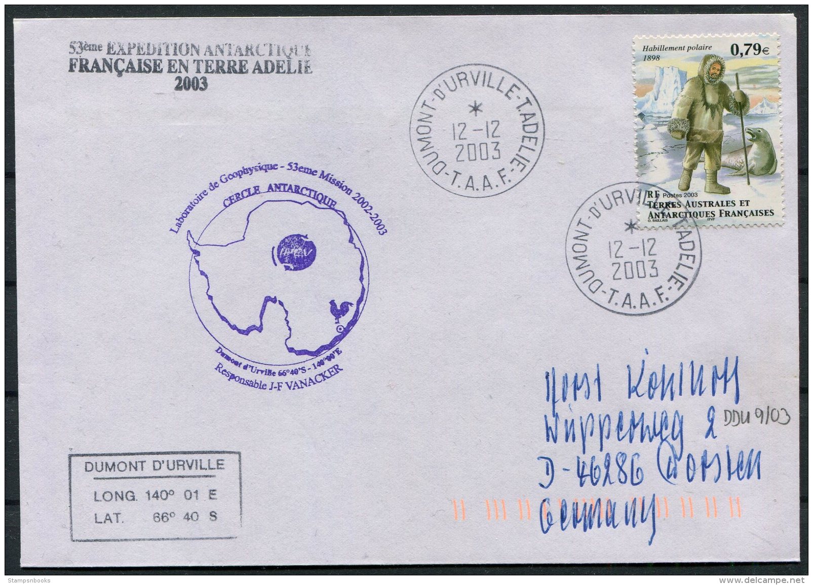 2003 T.A.A.F. French Antarctic Polar Dumont D'Urville Terre Adelie Cover. Expedition - Covers & Documents