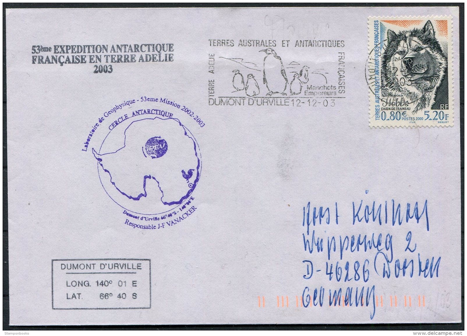 2003 T.A.A.F. French Antarctic Polar Dumont D'Urville Terre Adelie Cover. Expedition Penguin Wolf - Covers & Documents