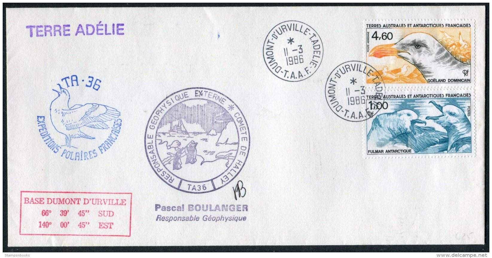 1986 T.A.A.F. French Antarctic Polar Dumont D'Urville Terre Adelie Cover. Expedition Penguin Seal Ship - Covers & Documents