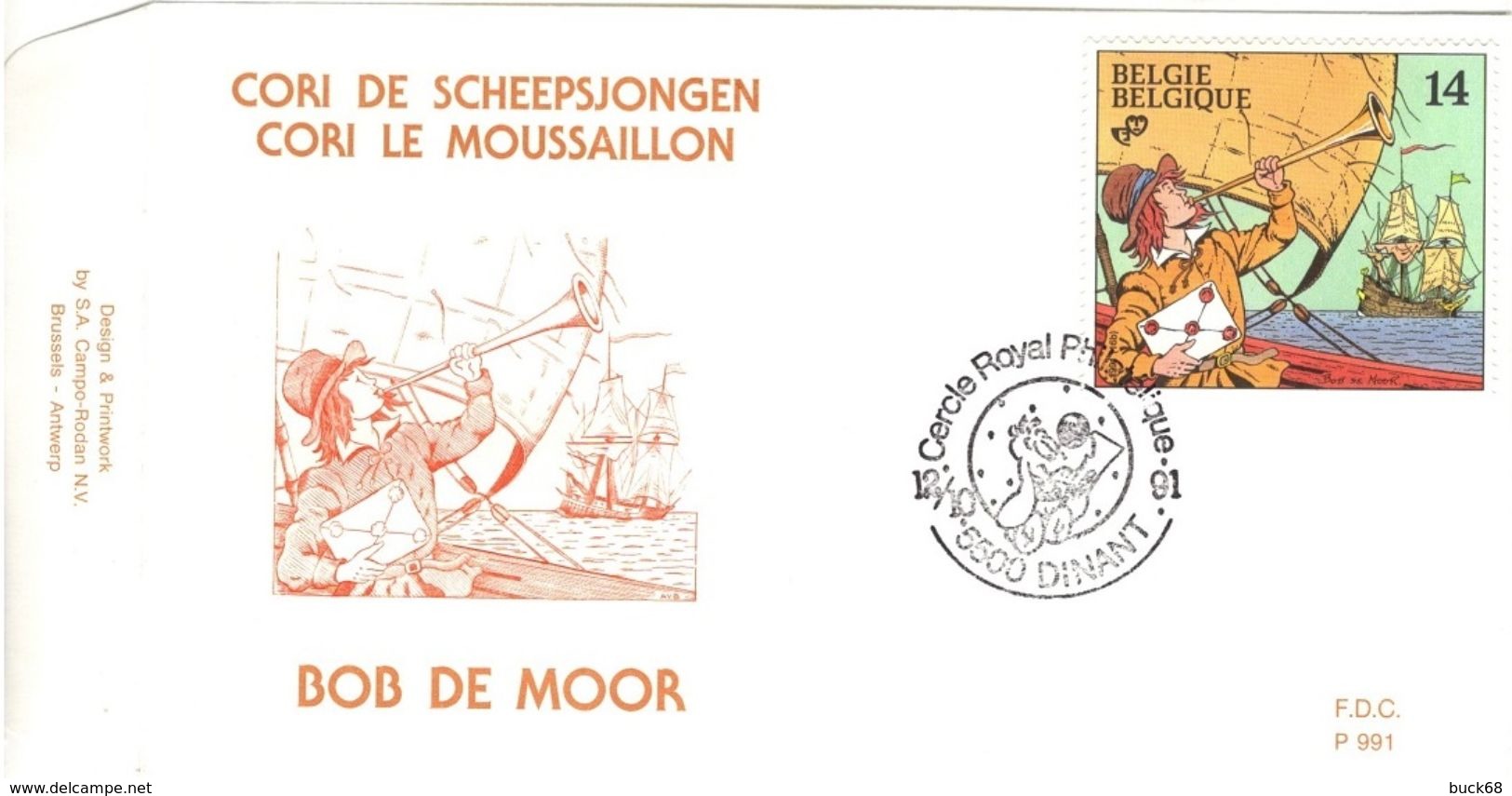 BELGIQUE 2429 FDC 1er Jour P991 Cachet DINANT CORI Le Mousaillon Bob De MOOR Ami HERGE Tintin 2 - Comics