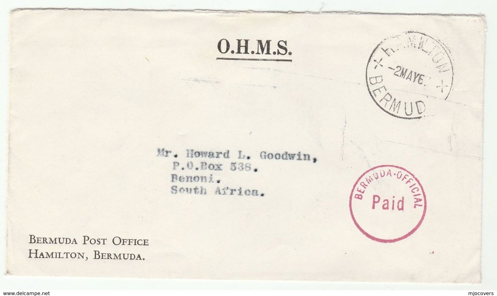 1967 Bermuda OHMS COVER To South Africa Red 'Official Paid Bermuda' & Black Hamilton Pmk Stamps - Bermuda