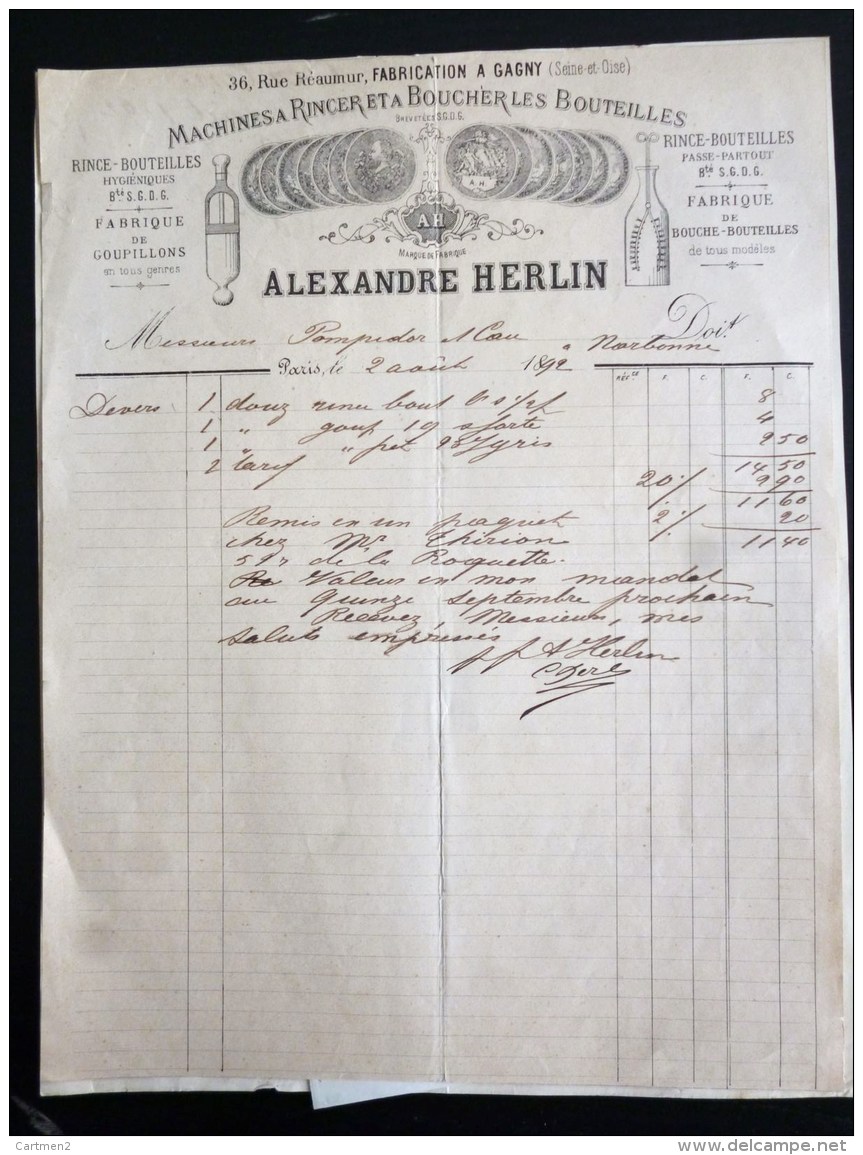 FACTURE 1892 ALEXANDRE HERLIN MACHINES A RINCER ET A BOUCHER LES BOUTEILLES PARIS VITICULTURE AGRICULTURE VENDANGE - 1800 – 1899