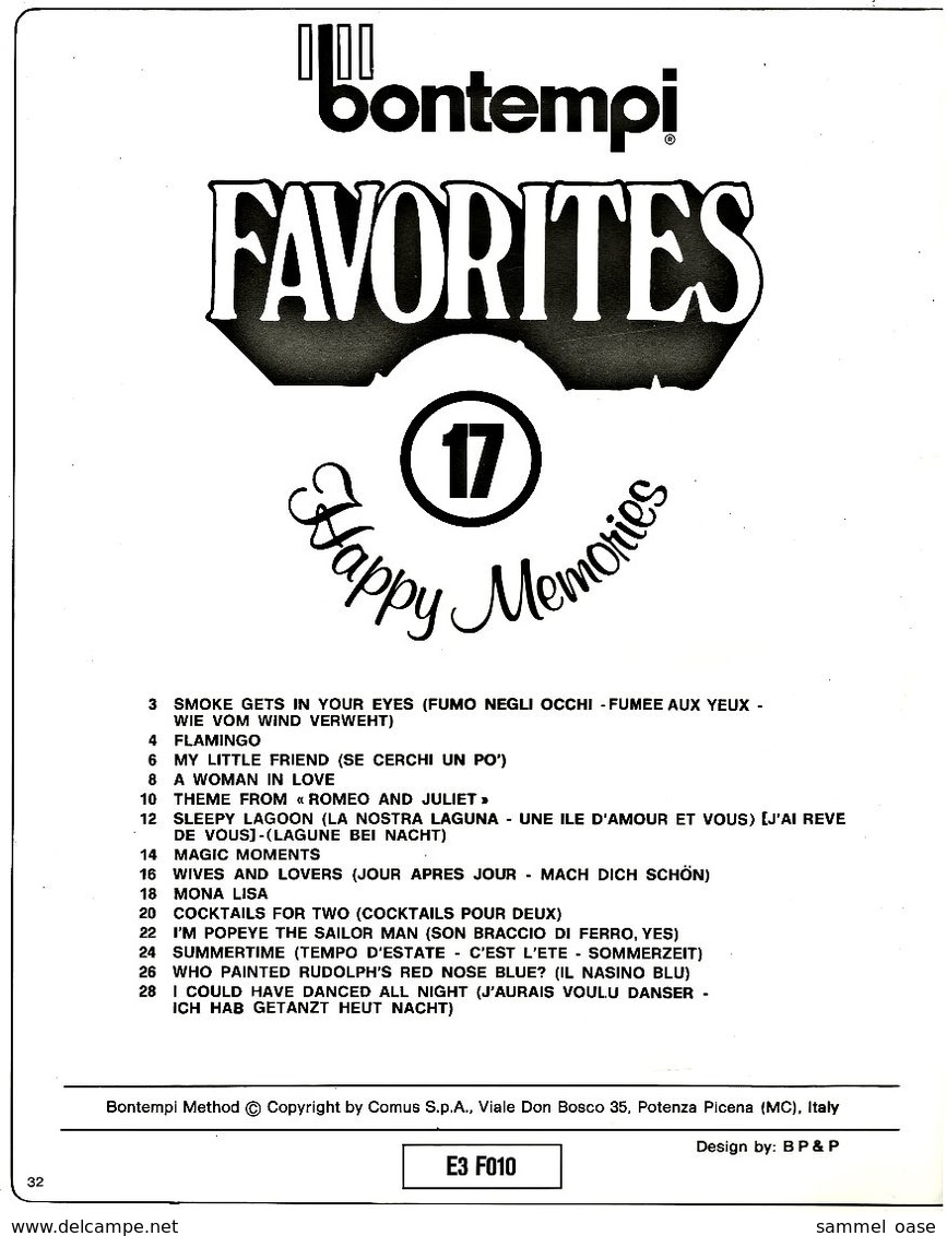 Bontempi Favorites 17 - Happy Memories  -   Notenheft / Notenbuch Keyboard Elektro Orgel - Varia