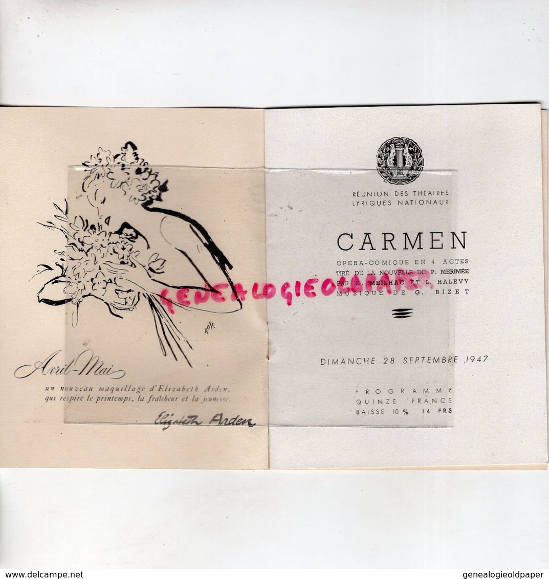 75- PARIS- PROGRAMME THEATRE OPERA COMIQUE- 28-9-1947-CARMEN- EDOUARD KRIFF-SERGE GIORGETTI-LAPELLETRIE-GARNIER-ARDEN - Programas