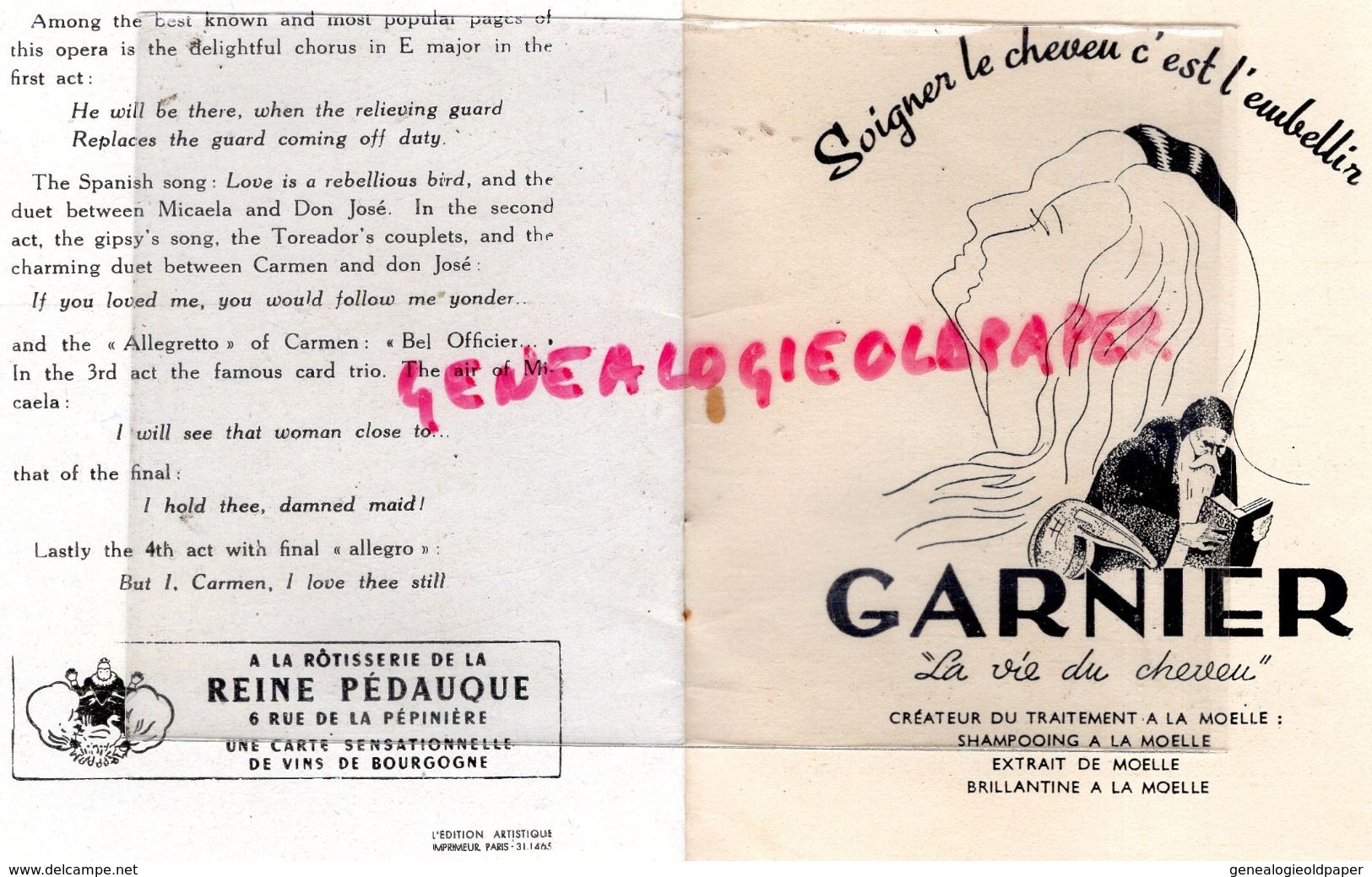 75- PARIS- PROGRAMME THEATRE OPERA COMIQUE- 28-9-1947-CARMEN- EDOUARD KRIFF-SERGE GIORGETTI-LAPELLETRIE-GARNIER-ARDEN