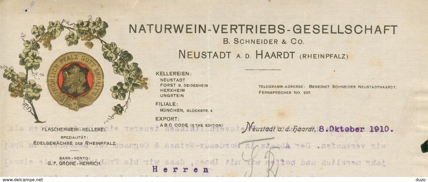 Allemagne.  Neustadt - Naturwein Vertriebs Gesellschaft - Entête Du 8 Octobre 1910 - B.Schneider & Co. -voir (3 Scans) - Food