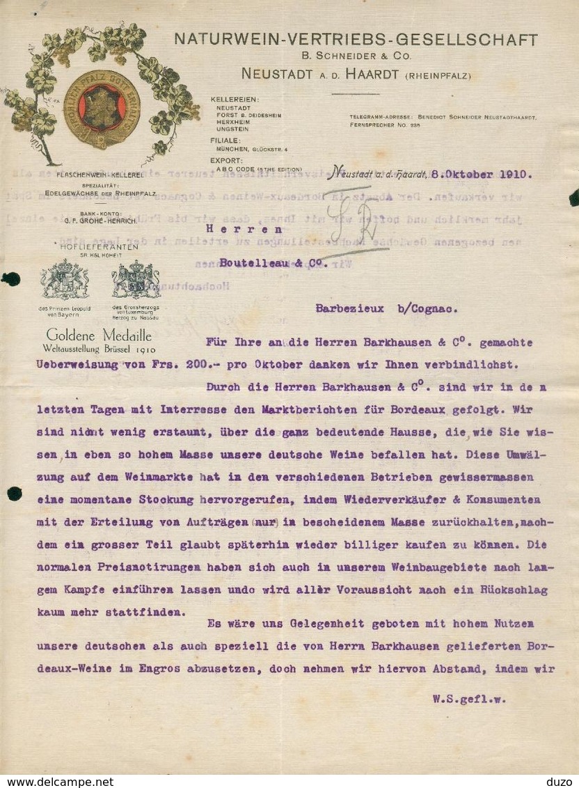 Allemagne.  Neustadt - Naturwein Vertriebs Gesellschaft - Entête Du 8 Octobre 1910 - B.Schneider & Co. -voir (3 Scans) - Alimentaire