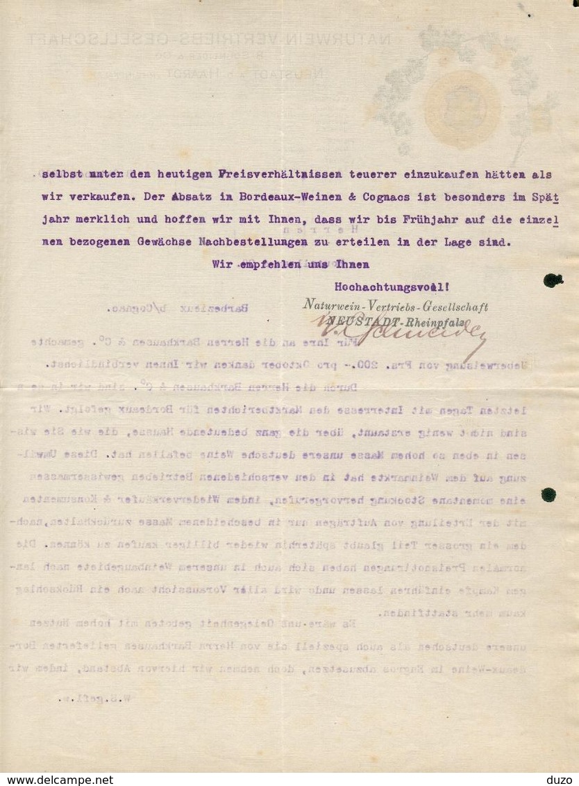 Allemagne.  Neustadt - Naturwein Vertriebs Gesellschaft - Entête Du 8 Octobre 1910 - B.Schneider & Co. -voir (3 Scans) - Alimentaire