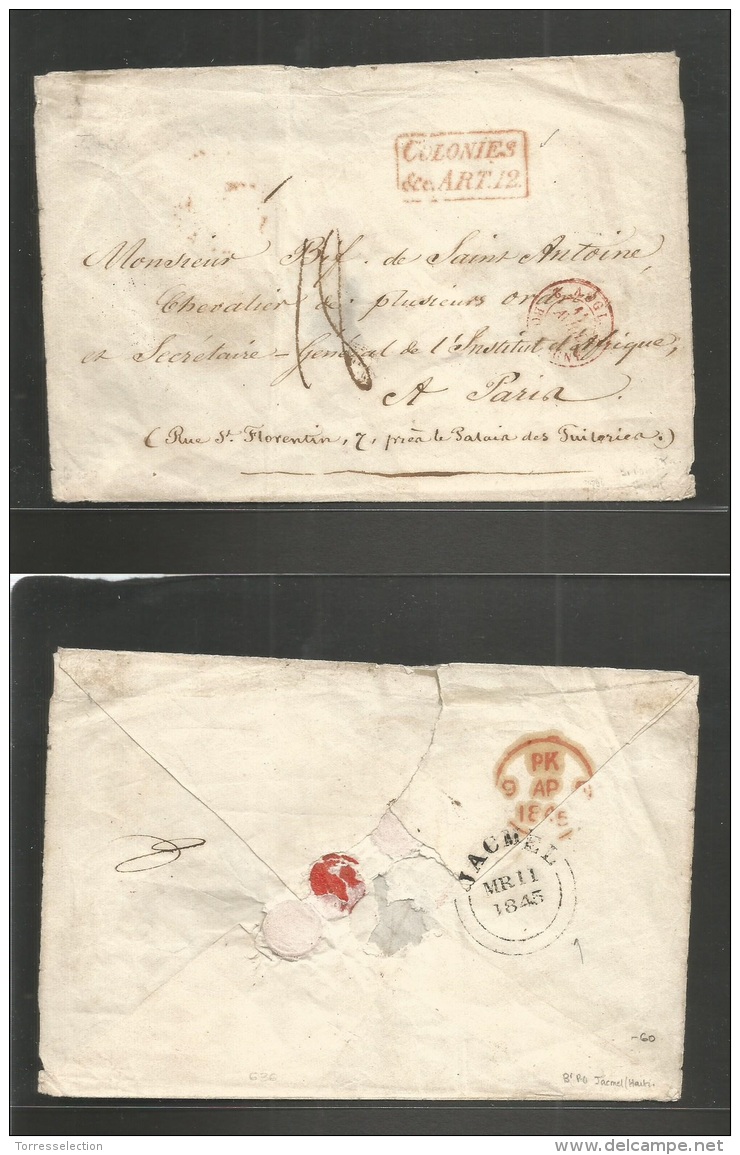 Haiti. 1843 (11 March) Jacmal - France, Paris. Stampless Envelope Reverse BPO Cds + ""Colonies Art 12"" (xxx) Nice Strik - Haïti