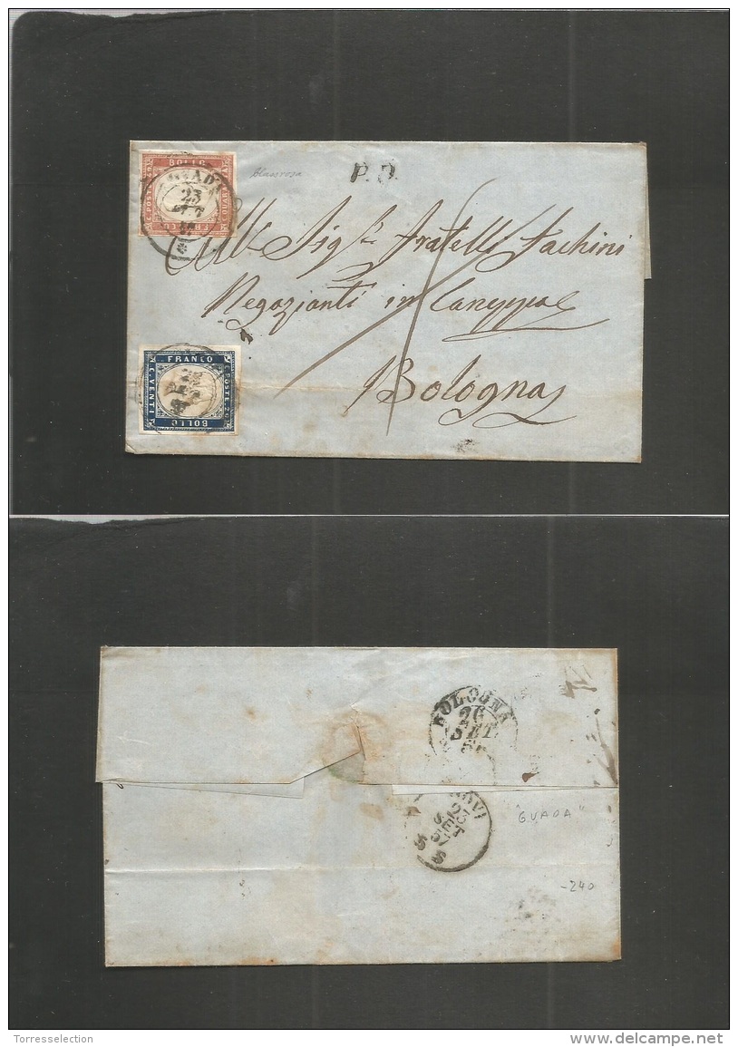 Italian States - Sardinia. 1857 (23 Sept) Guada - Bologna. Fkd Env 20c Blue + 40c Blue Rose, Both Good Margins, Tied Cds - Unclassified