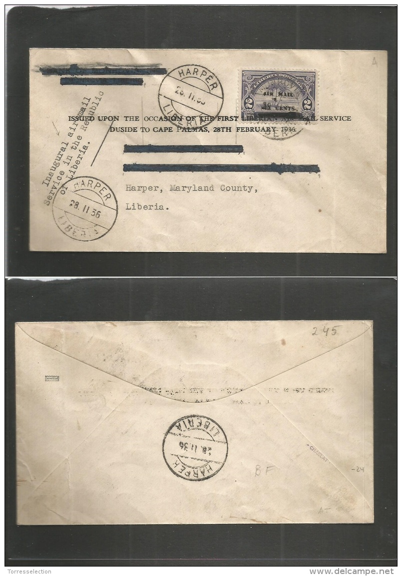 Liberia. 1936 (28 Febr) Harper Special Air Flight Out. Address Crossed Out For Return. Fkd Env. Inaugural Flight. - Liberia