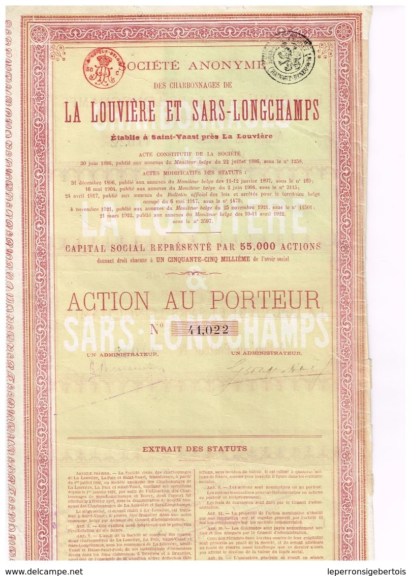 Action Ancienne - Sté Anonyme Des Charbonnages De La Louvière Et Sars-Longchamps - Titre De 1922 - Mines