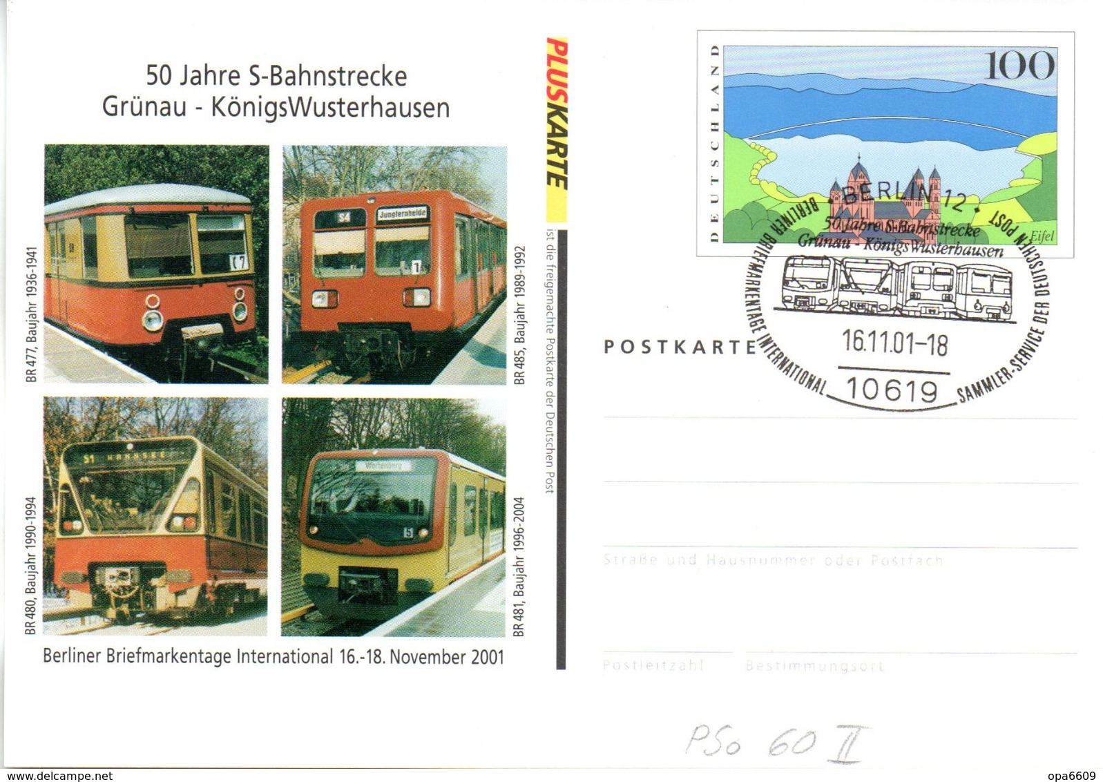 BRD Amtliche Ganzsache-Postk. PSo 60 II M. Priv. Zudruck "50 J. S-Bahnstrcke Grünau-KW" SSt 16.11.2001 BERLIN 12 - Cartoline - Usati