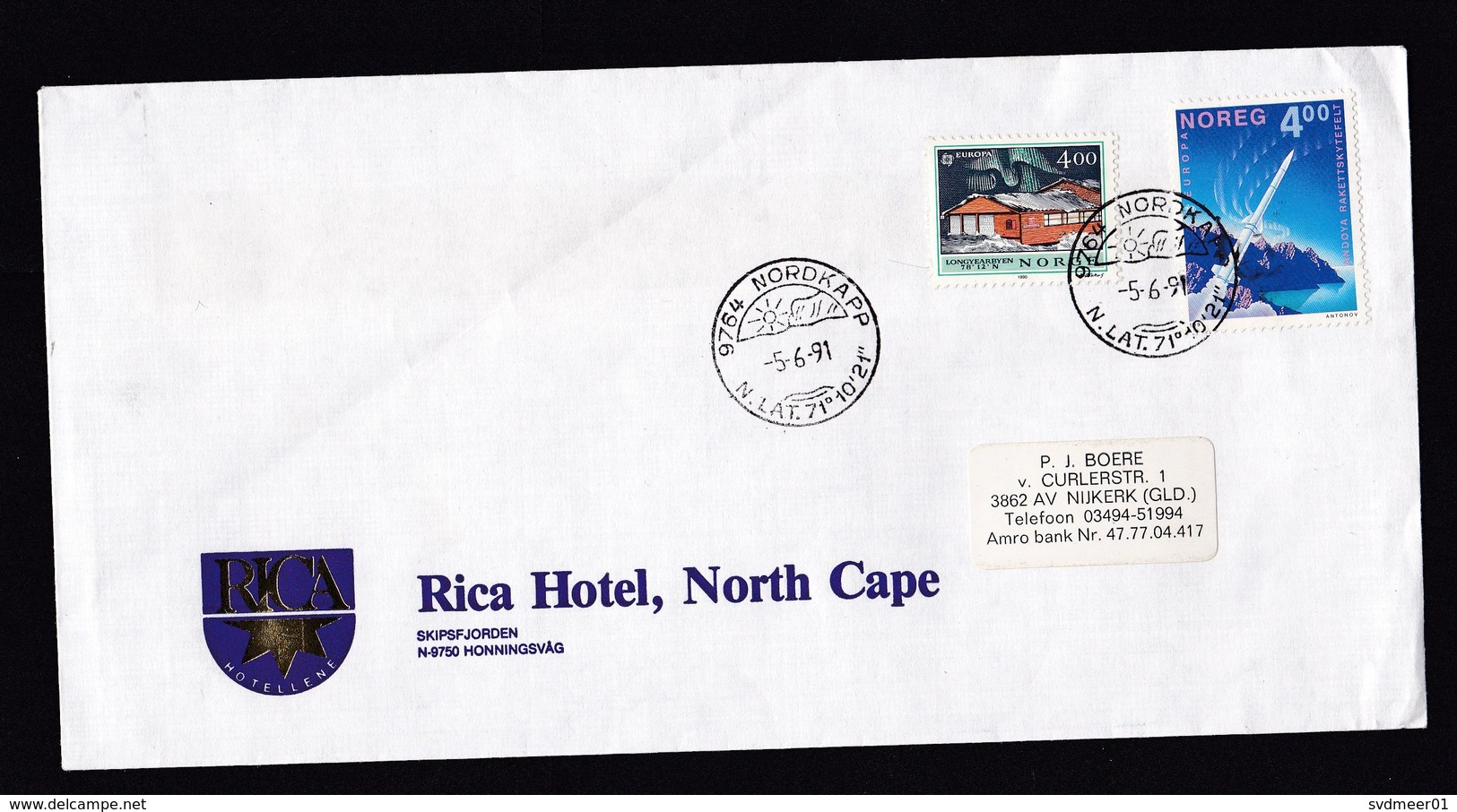 Norway: Cover To Netherlands, 1991, 2 Stamps, Europa, CEPT, Missile, Cancel North Cape, Rica Hotel (damaged, See Scan) - Covers & Documents