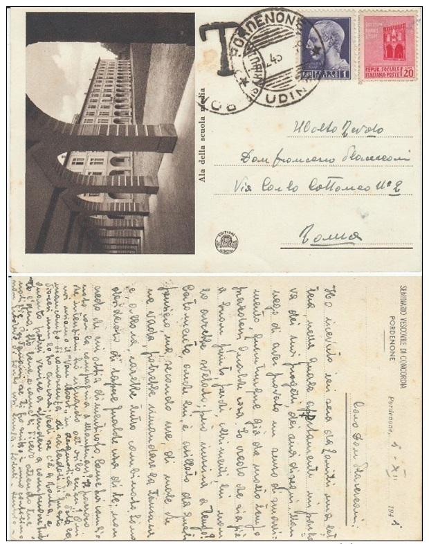 Cartolina Postale Tassata 1945 Pordenone - Marcophilia