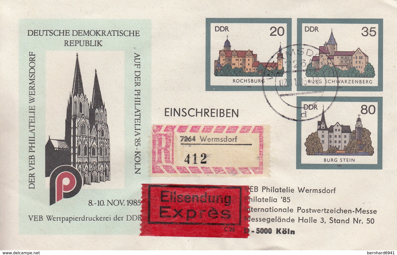 D U02/3b  Der VEB Philatelie Wermsdorf  Auf Der Philatelia`85, Köln - Enveloppes Privées - Oblitérées