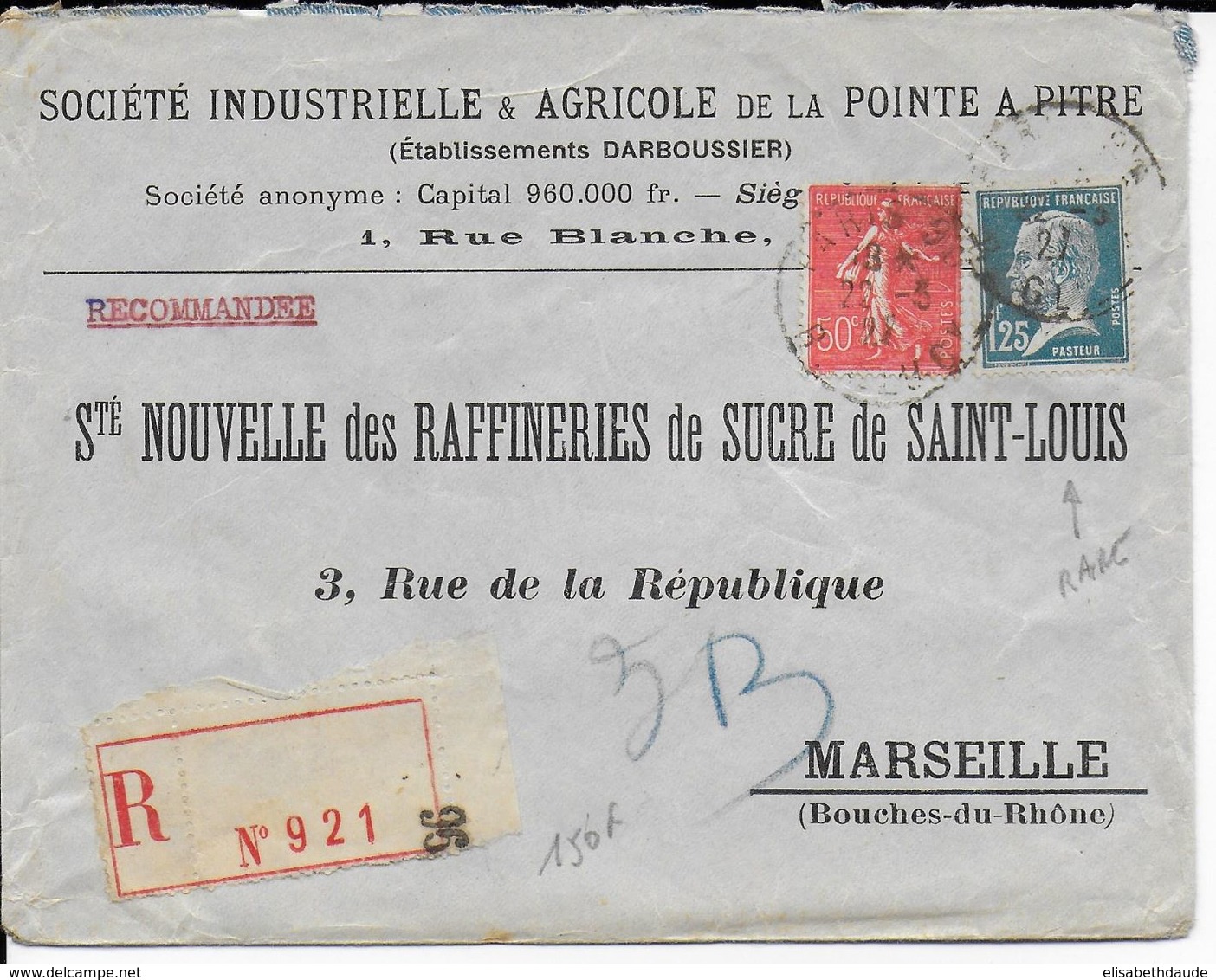 1927 - PASTEUR 1F25 + SEMEUSE Sur LETTRE RECOMMANDEE De PARIS => MARSEILLE - Cartas Accidentadas