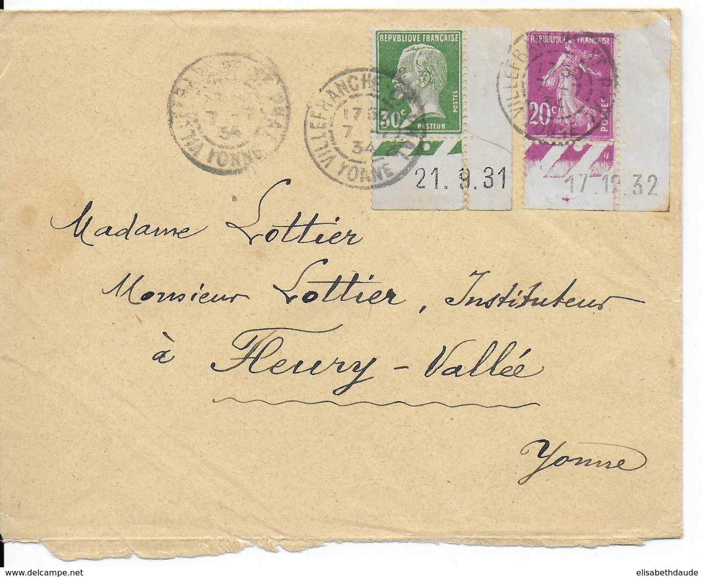 1934 - PASTEUR + SEMEUSE COINS DATES Sur LETTRE De VILLEFRANCHE ST PHAL (YONNE) => FLEURY - Lettres Accidentées