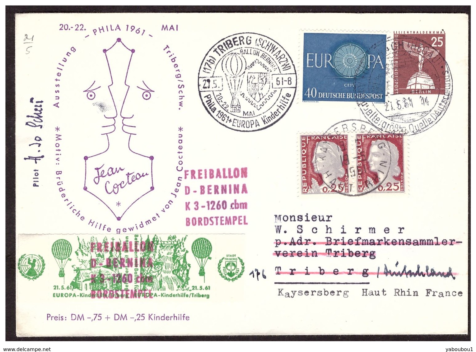 Phila 1961  JEAN COCTEAU  Lettre De KINDERHILFE TRIBERG Pour KAYSERSBERG Du 21.5.61. - Storia Postale