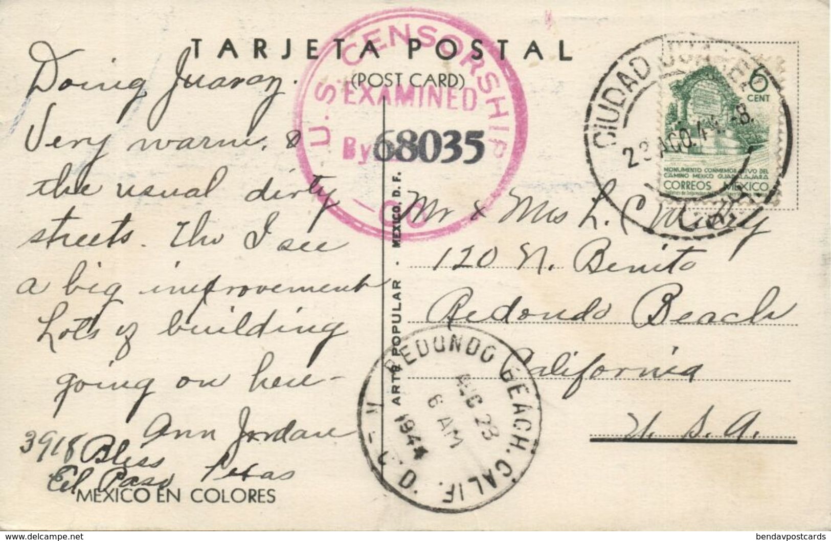 Mexico En Colores, Sent From Ciudad Juarez, US Censorship 68035 (1944) Postcard - Mexique