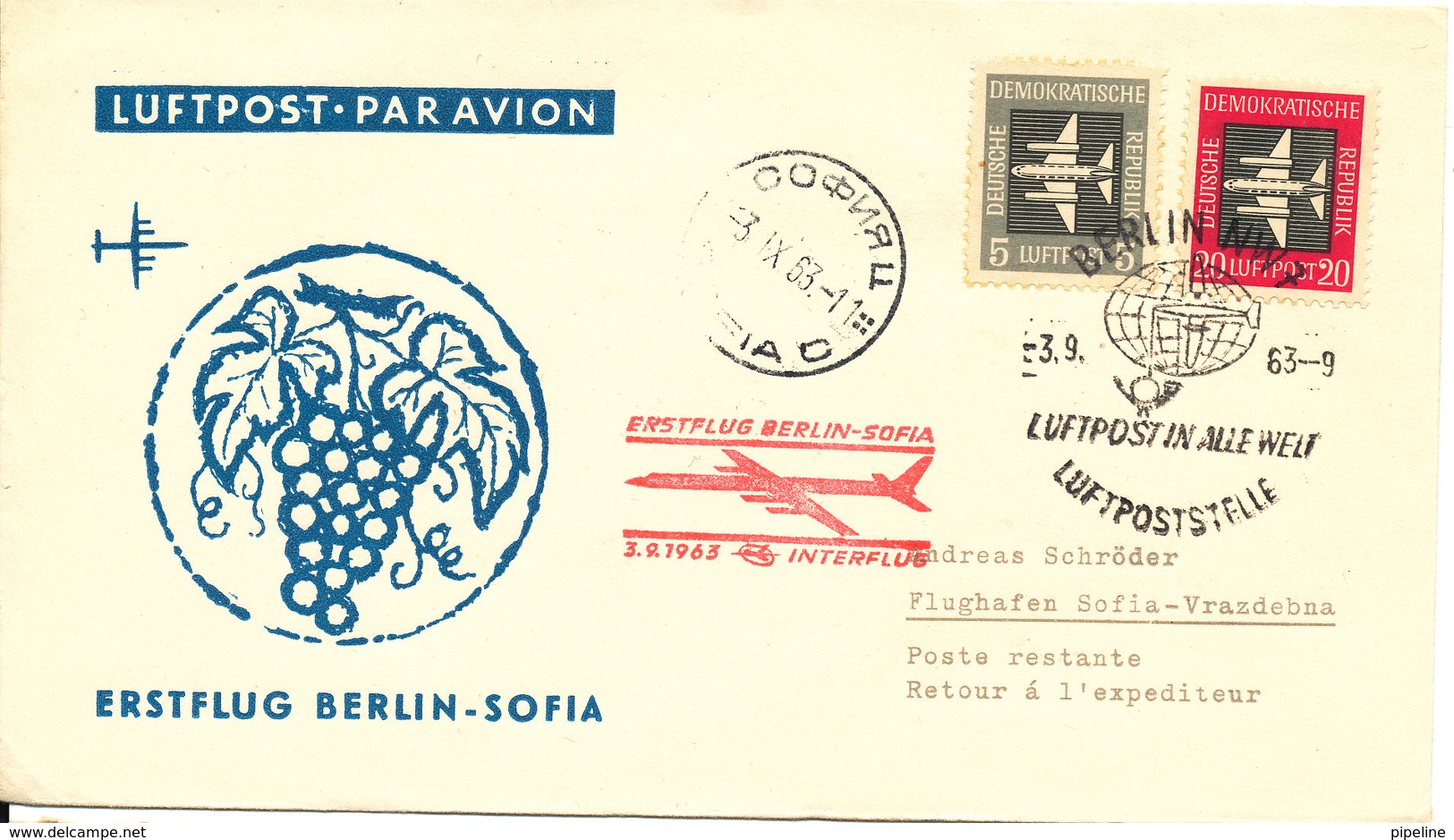 Germany DDR First Flight Interflug Berlin Sofia 3-9-1963 - Other & Unclassified