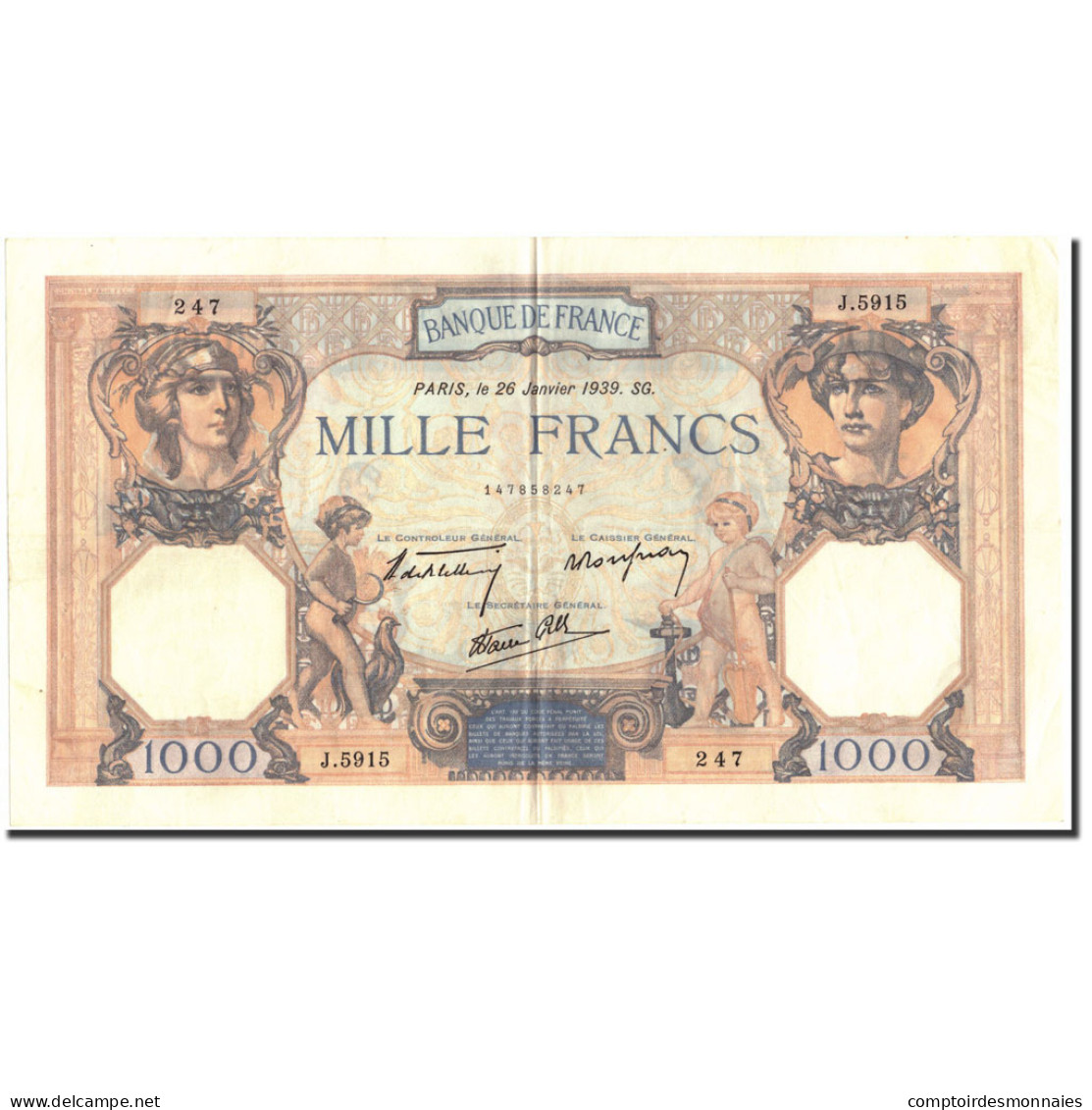 France, 1000 Francs, 1 000 F 1927-1940 ''Cérès Et Mercure'', 1939, 1939-01-26 - 1 000 F 1927-1940 ''Cérès Et Mercure''