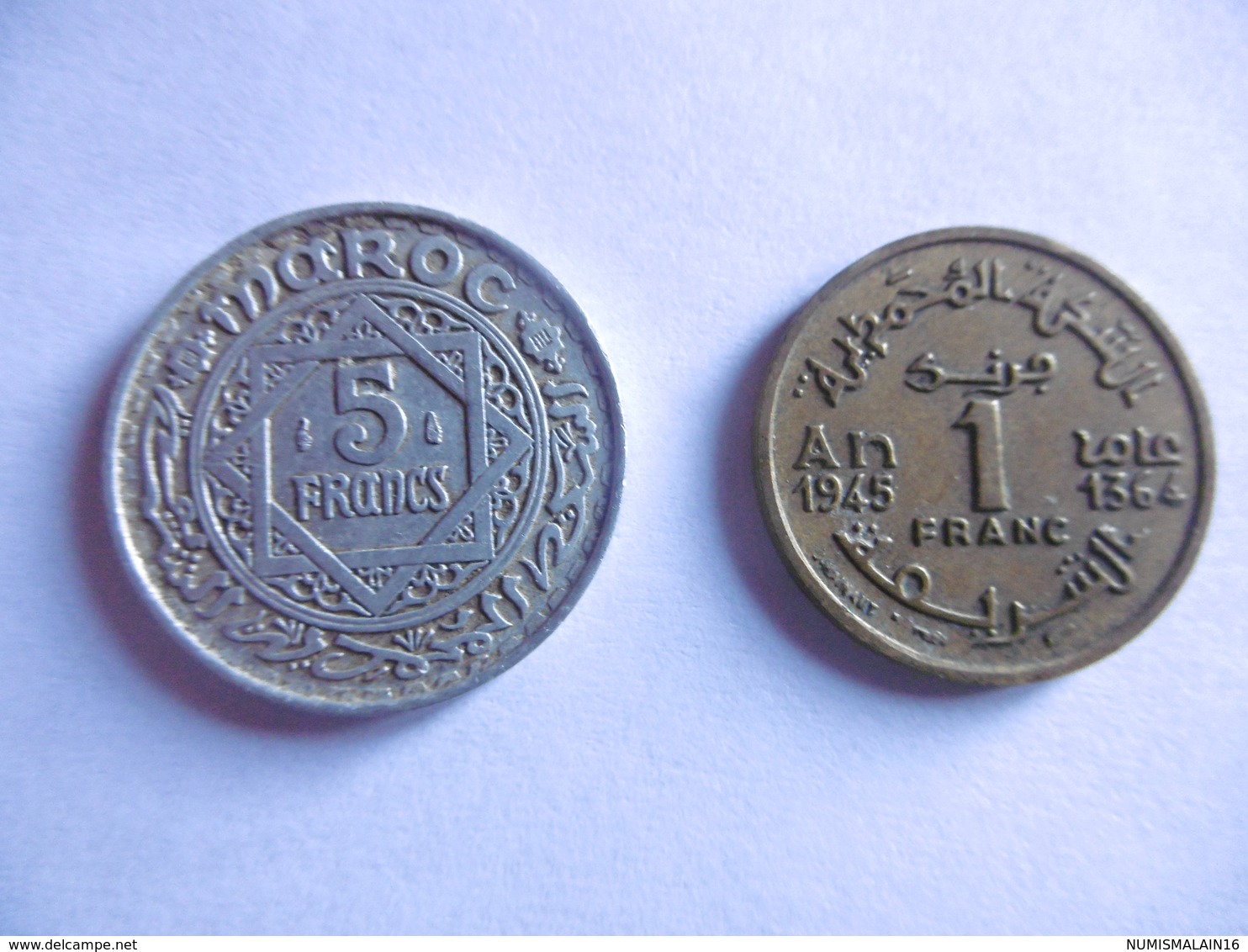 (E115)-MAROC-LOT DE 2 PIECES-1 FRANC 1945 ET 5 FRANCS 1951 - Vrac - Monnaies