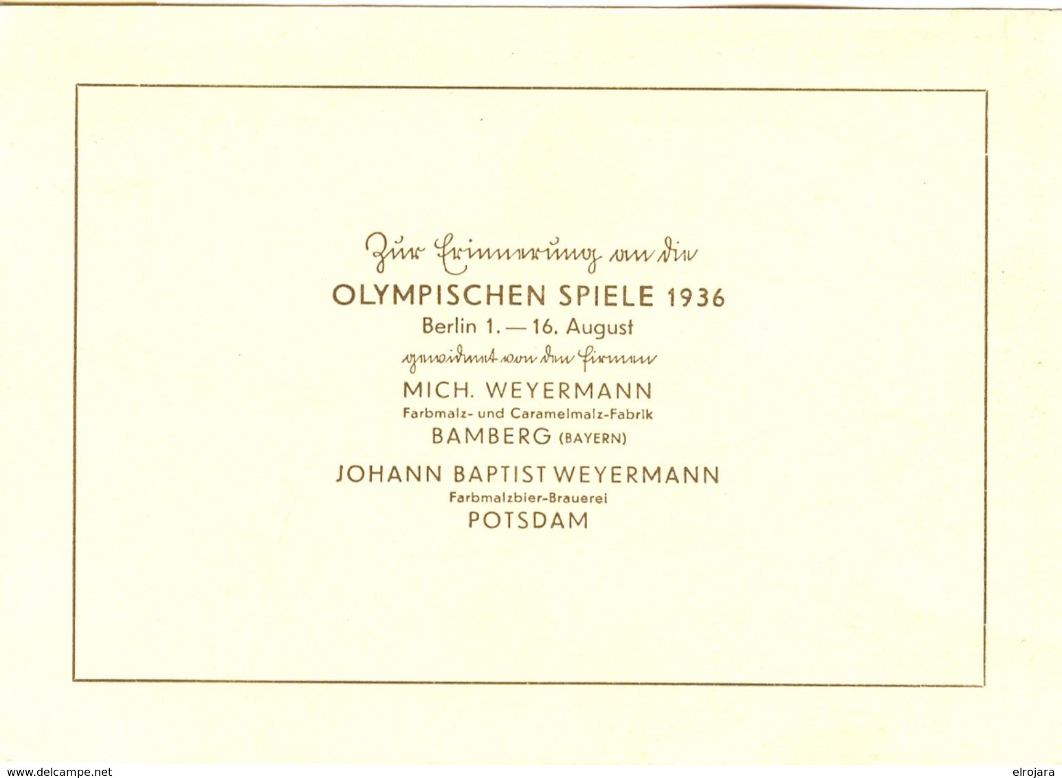 GERMANY Olympic Stationery With Olympic Cancel With Olympic Printing On The Backside Of Weyermann Brewery - Sommer 1936: Berlin