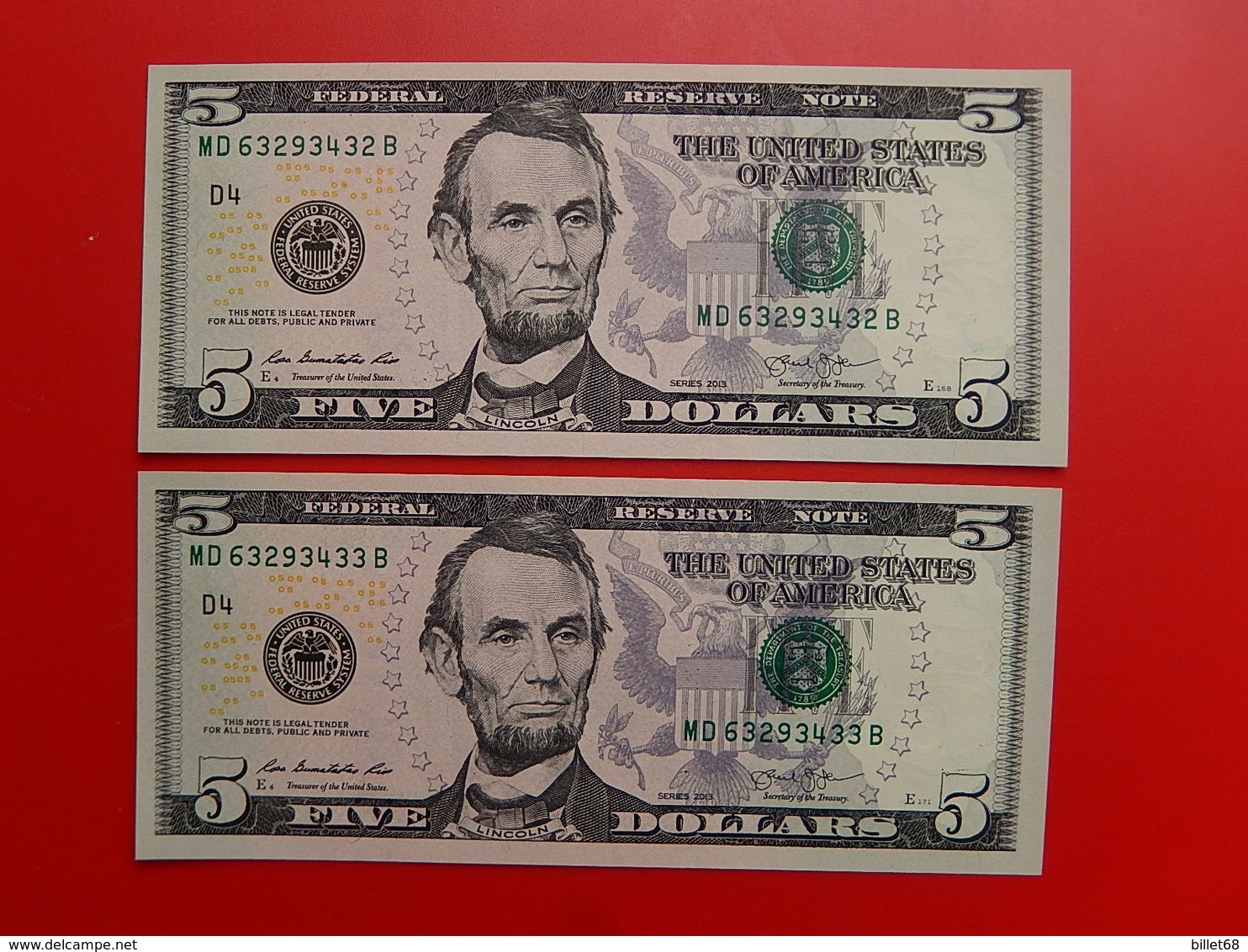 2 Billets De 5 Dollars LINCOLN 2013 CLEVELAND Neufs Consecutifs - Federal Reserve Notes (1928-...)