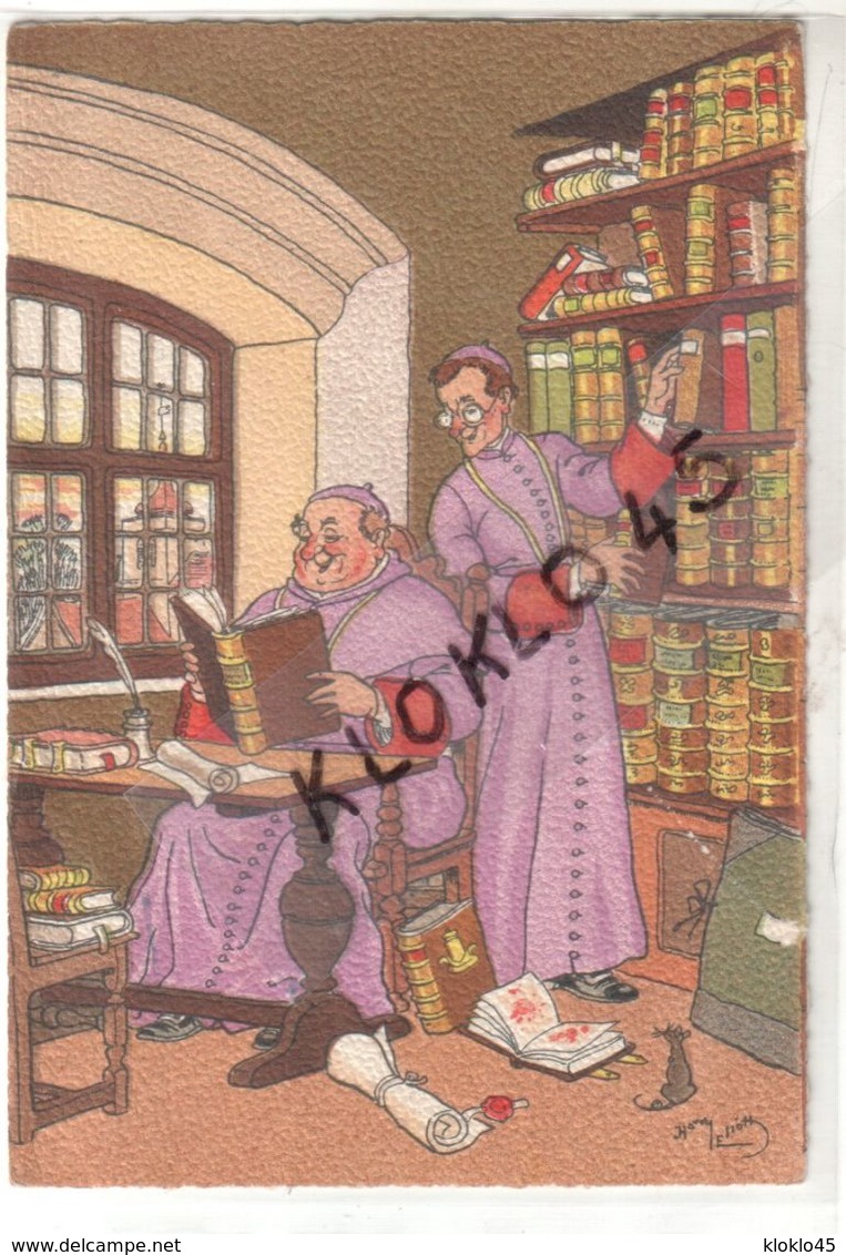 Fantaisie Humoristique - Illustrateur Harry Eliot Homme D'église Evêque Curé Monseigneur , .. Dans La Bibliothèque - CPA - Elliot