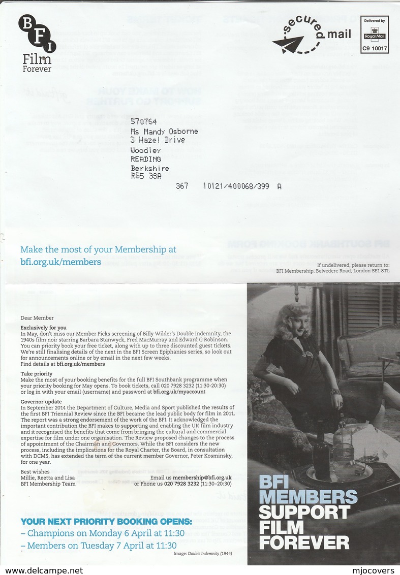 British FILM INSTITUTE  Secured Mail Delivered Royal Mail C9 10017 Advert Lettersheet Cover Gb Movie Cinema Stamps - Cinema