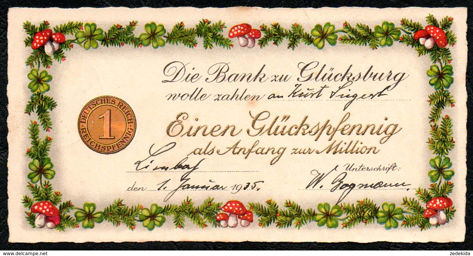 B1233 - Litho - Die Bank Zu Glücksburg - Einen Glückspfennig 1935 - Tannenzweig Fliegenpilz Kleeblatt - Banken