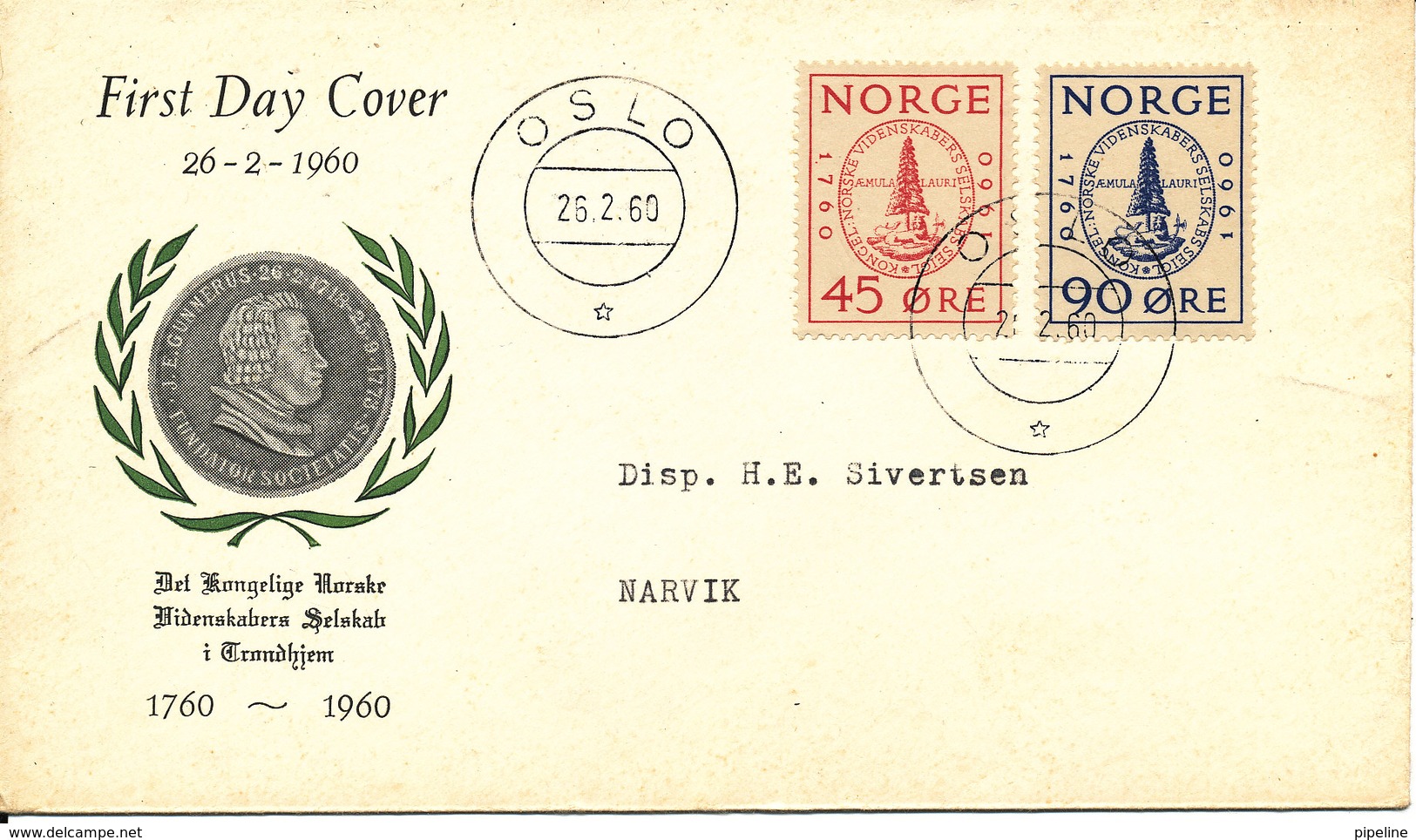 Norway FDC 26-2-1960 ROYAL SOCIETY OF SCIENCE Complete Set With Cachet Sent To Narvik - FDC
