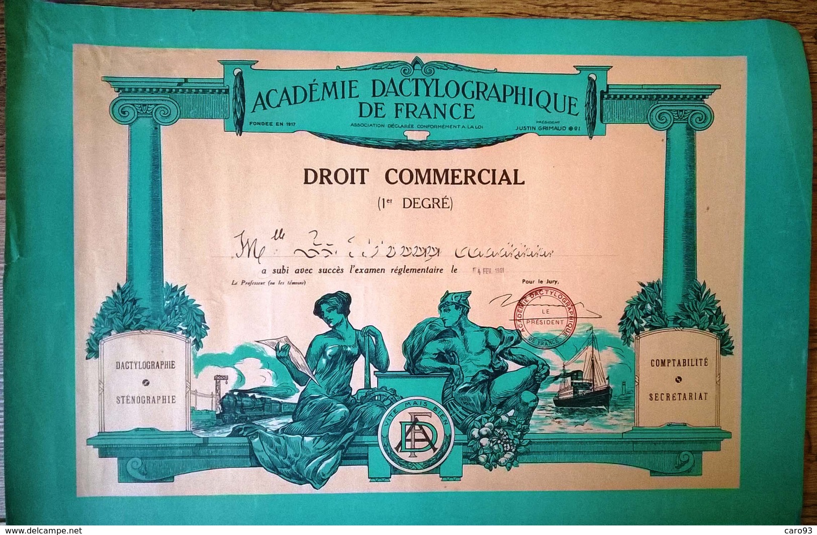 Droit Commercial 1er Degré Académie Dactylographique De France 1961 - Diplômes & Bulletins Scolaires