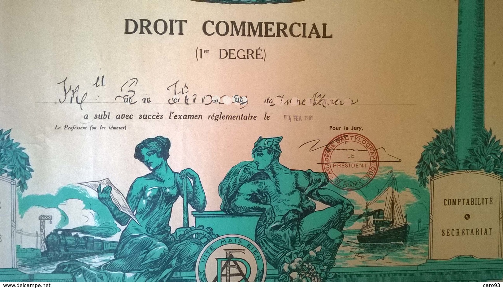 Droit Commercial 1er Degré Académie Dactylographique De France 1961 - Diplômes & Bulletins Scolaires