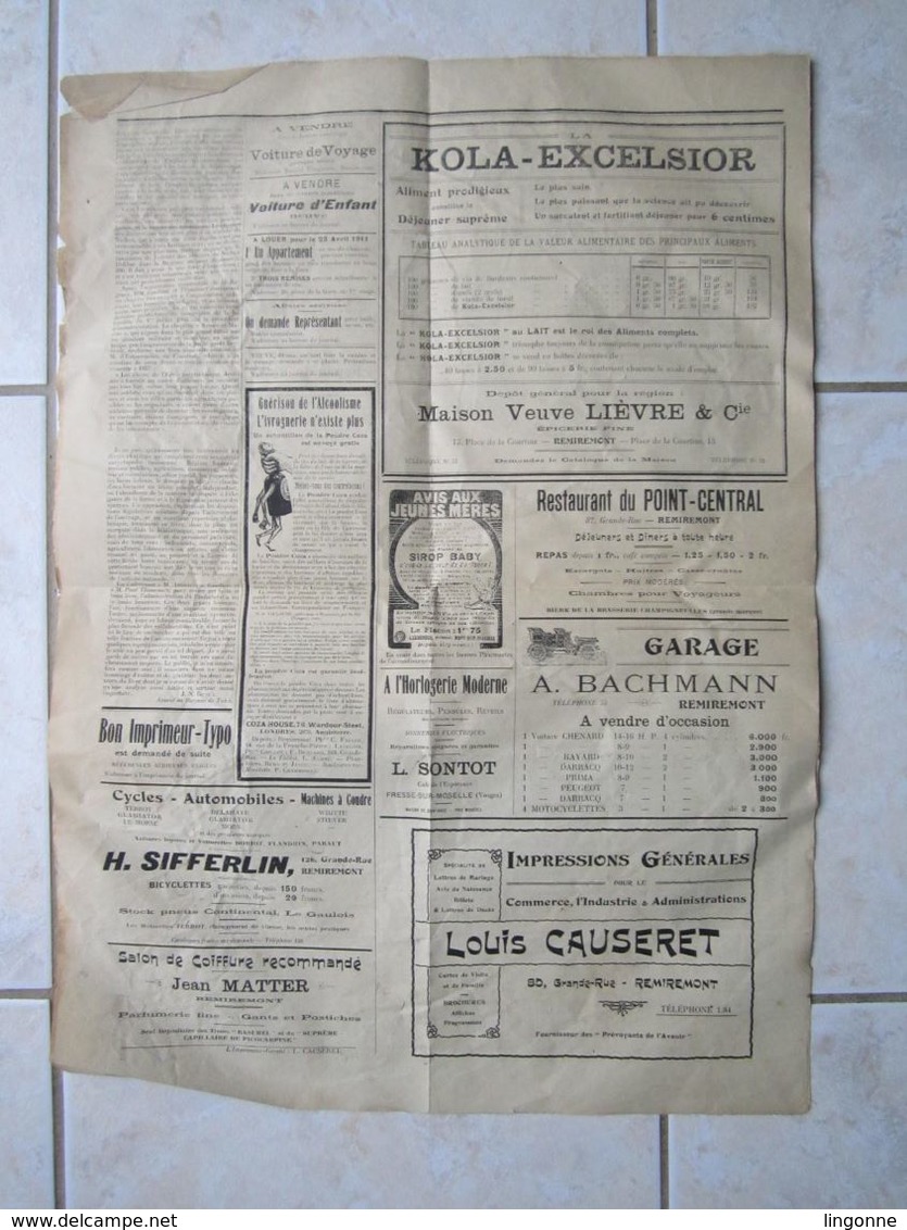 1910 JOURNAL LES HAUTES-VOSGES Organe Du Parti Républicain Radical De L'Arrondissement De REMIREMONT + Publicitée - Autres & Non Classés