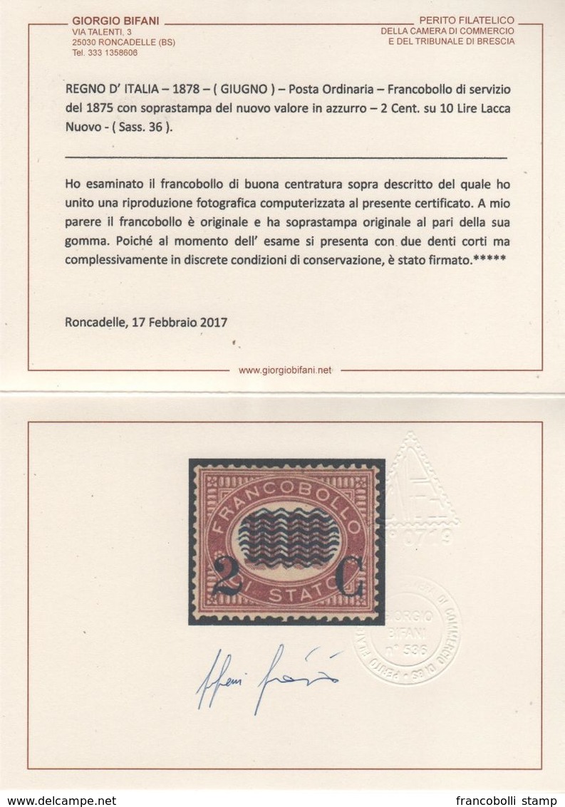 1878 Francobolli Servizio Di Stato 2 Su 10,00 Certificato Bifani - Usati